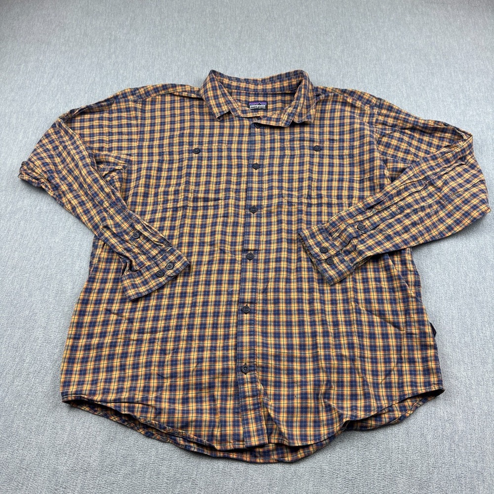 Patagonia Shirt Mens XL Blue Orange Check Organic Cotton Long Sleeve Button Up